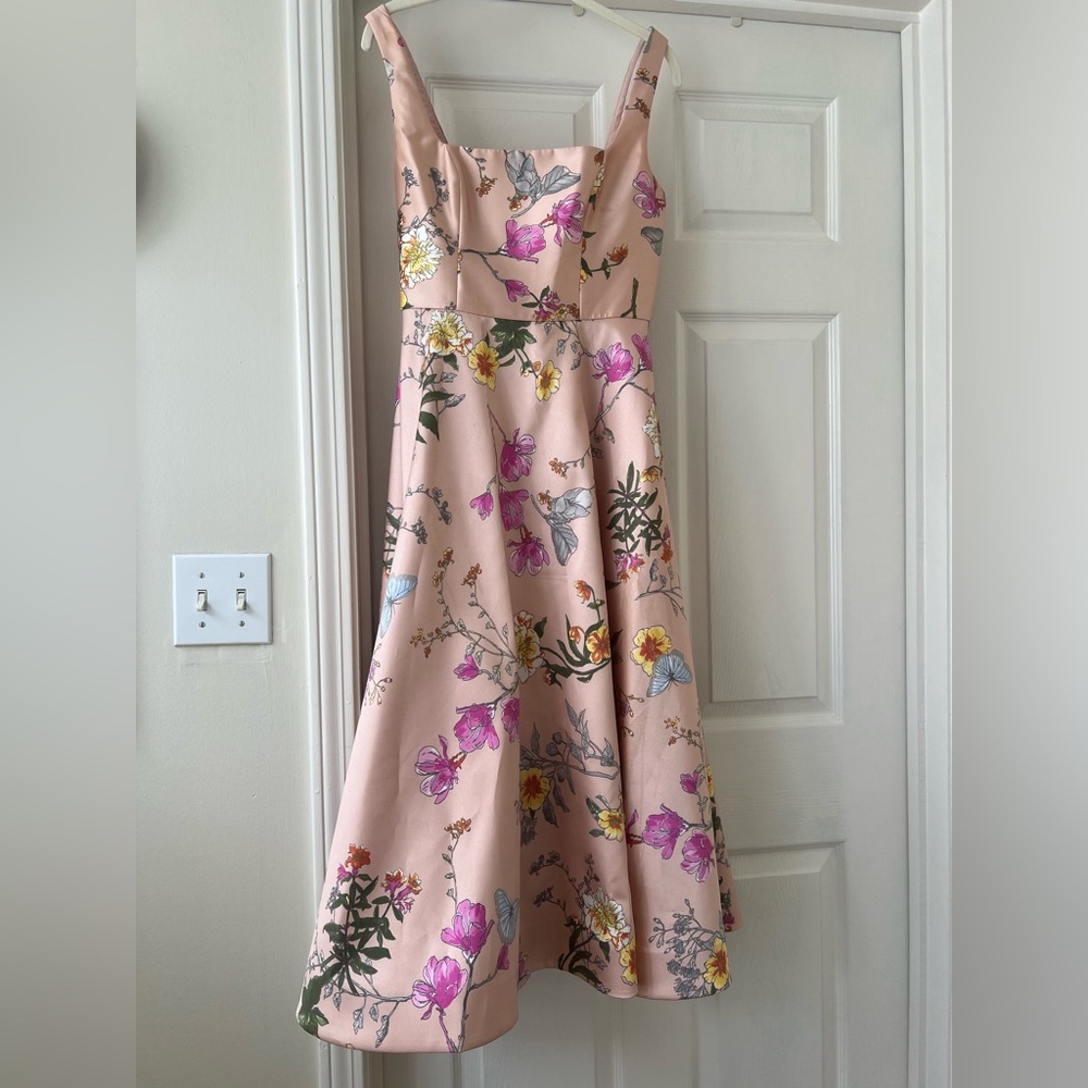 Dessy Group Floral Square Neck Satin Midi Dress in Butterfly Botanica Pink Sand